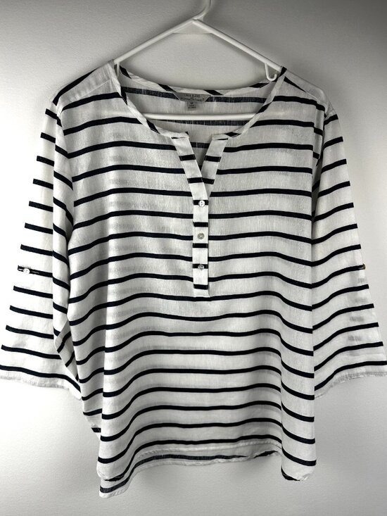 Hester & Orchard Tops - Hester & Orchard Women’s Linen Blend Striped Blouse Top Black White Size M